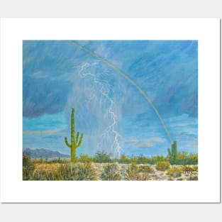 The rainbow and lightning in Arizona desert Posters and Art